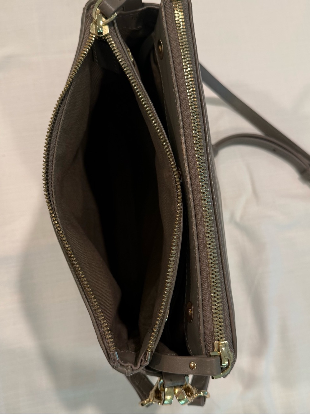 Quince Triple Compartment Taupe Leather Crossbody with Gold Hardware - Picture 5 of 8